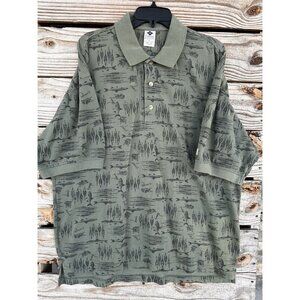 Columbia Polo Shirt Mens Large Fish Print All Over Green Golf Hiking Outdoors